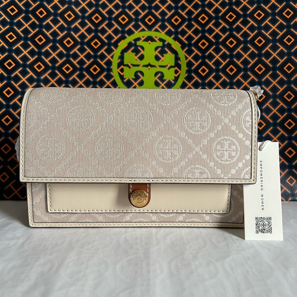 Tory Burch T Monogram Chain Wallet Crossbody Bag Ivory Gold Tan Cream Neutral